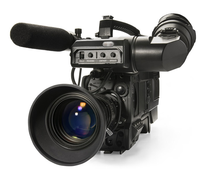 Professional digital video camera, isolated on white background